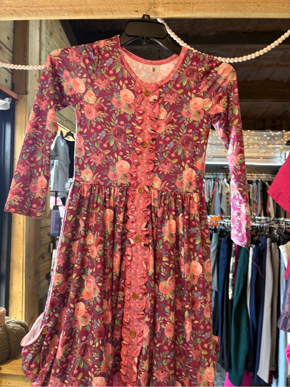 Girls Long-Sleeve Pink Rose Floral Ruffle Dress